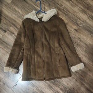 Fleet Street Faux Fur Trim Jacket Womens M Brown Mid Length Zip Lined Coat
